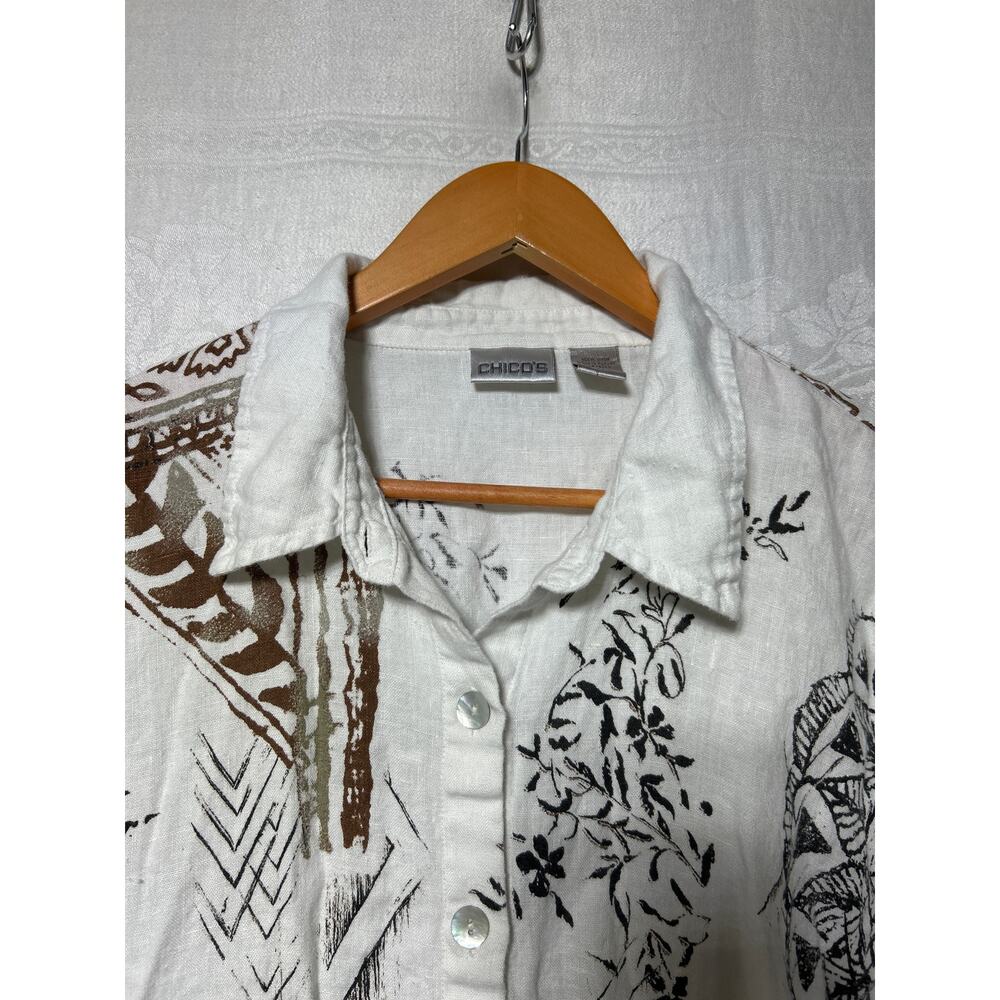 Chicos Button Up 3 XL White Black Brown 100% Linen Long Sleeve Tunic Pockets - Picture 6 of 11